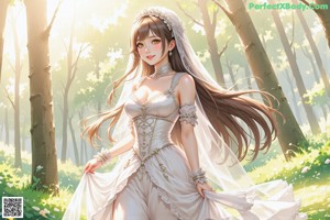 A woman in a wedding dress standing in a park.
