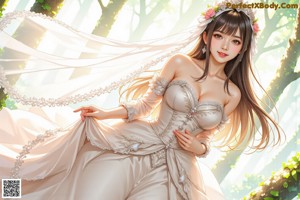 A woman in a wedding dress standing in the woods.