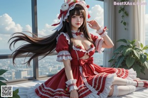 A woman in a red and white dress sitting on a tree stump.