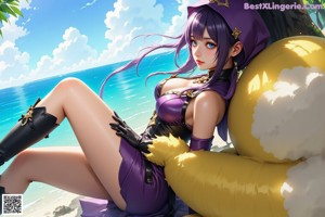 A woman with purple hair sitting on the steps of a building.
