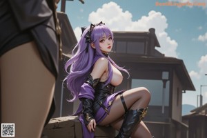 A woman with long purple hair sitting on a chair.