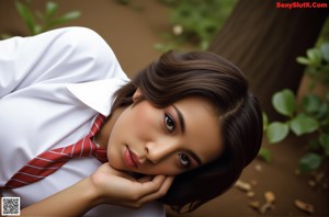 A woman in a black and white outfit leaning against a tree.