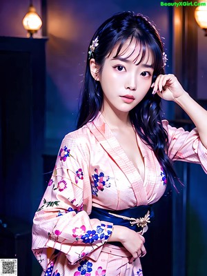 A woman in a white kimono standing next to a pool.