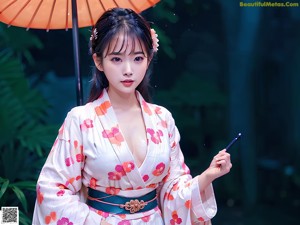 A woman in a kimono standing on a beach next to the ocean.