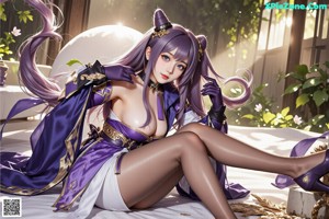 A woman in a purple and white outfit sitting on a window sill.