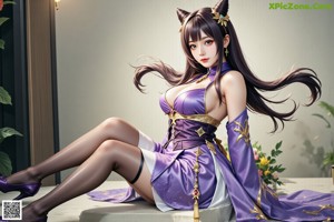 A woman with long purple hair wearing a purple outfit.