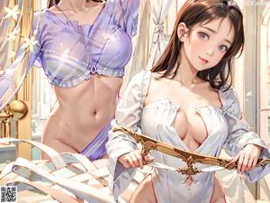 A woman in a white lingerie holding a chain.