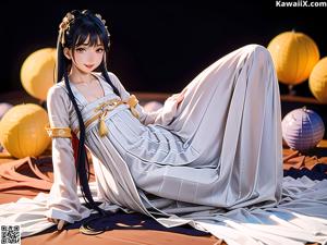 A woman in a white kimono is posing for a picture.