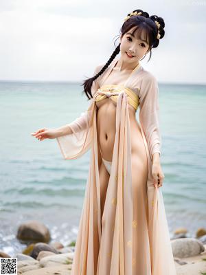 A woman in a white lingerie posing on a bed.