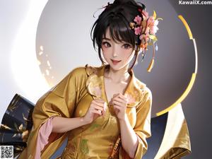 A woman in a kimono sitting on a bed holding a fan.