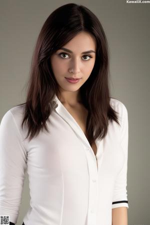 A woman in a pink top sitting on a bed.