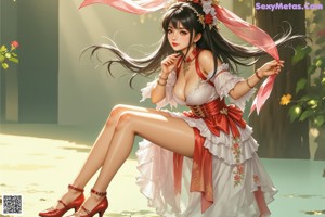 A woman in a red and white dress with long black hair.