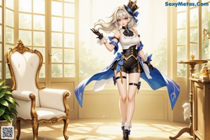 A woman in a blue and white outfit holding a sword.