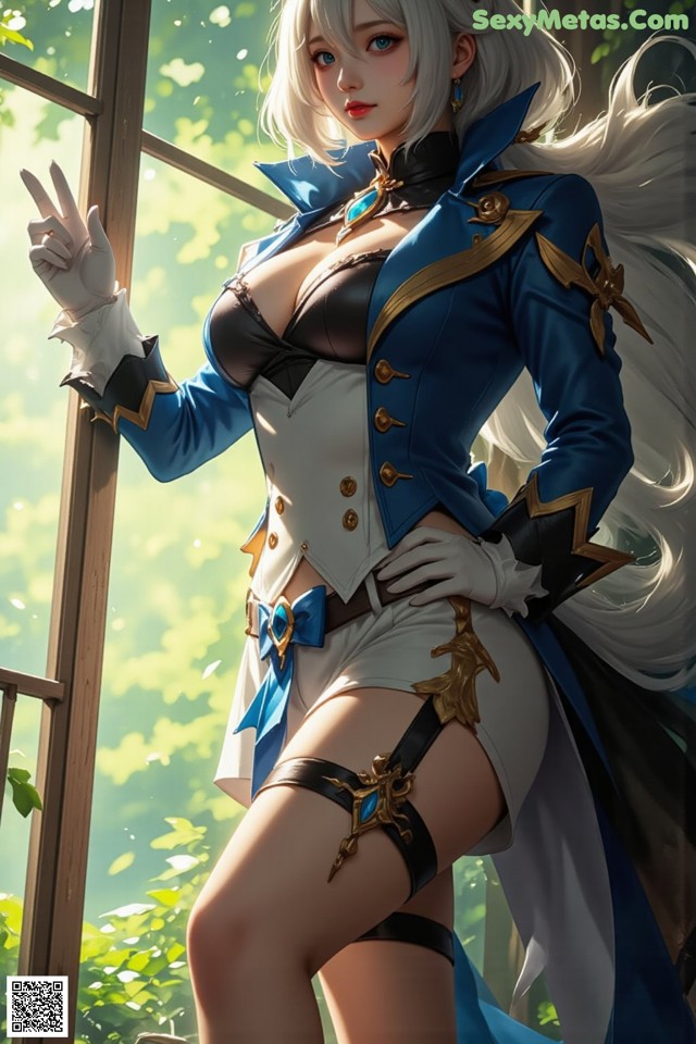 Hentai - Luminous Charm of the Aquatic Enchantress Set.2 20250126 Part 5 No.0f42e3 A woman in a blue and white outfit posing by a window.