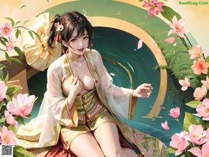 A woman in a blue and pink kimono posing for a picture.