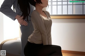 A woman sitting on a bed in a hotel room.