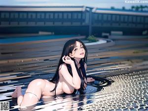 A woman in a black bikini standing in the water.