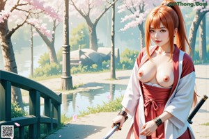 A woman in a red kimono stands amidst a field of daisies, holding a sword.