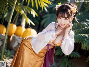 A woman in a blue kimono sitting on a wooden table.