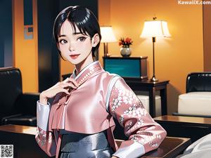 A woman in a red kimono sitting on a bed.