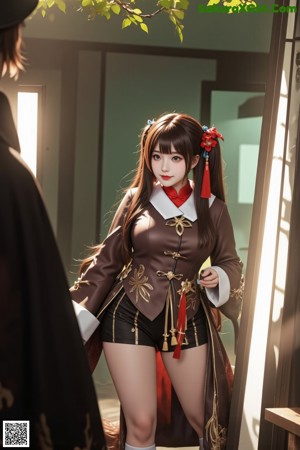 A woman in a brown and red outfit holding a sword.