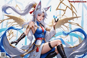 A woman in a white and blue outfit with long white hair.