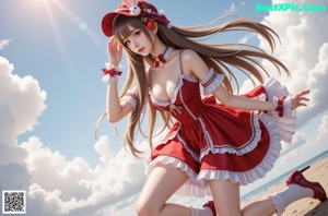A woman in a red and white outfit posing in a field.