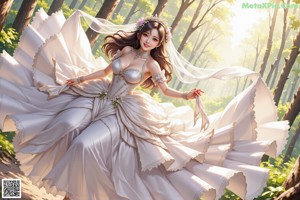 A woman in a wedding dress standing in a forest.