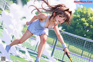 A woman in a white bikini posing on a tennis court.