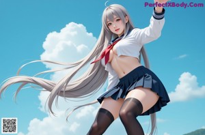 A girl in a school uniform with long white hair and a blue cape.