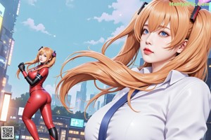 A woman in a red bodysuit standing in the middle of a city.