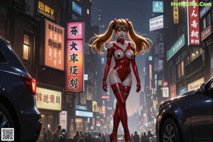 A woman in a red and black outfit is posing in the city.
