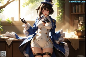 A woman in a white and blue outfit posing for a picture.