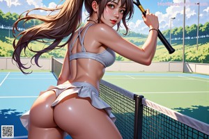 A woman holding a tennis racquet on a tennis court.