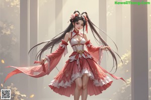 A woman in a red and white dress posing for a picture.