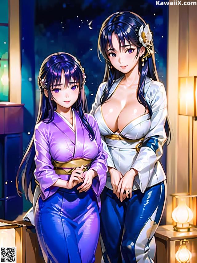 A couple of women standing next to each other in a room.