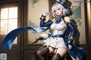 A woman in a blue and white outfit posing for a picture.