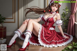 a woman in a pink dress sitting on a bed