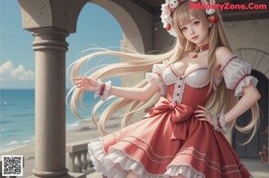 A girl in a pink and white dress is standing in a room.