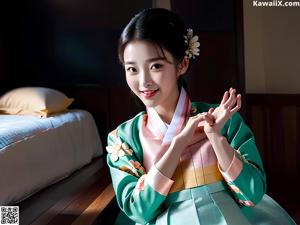 A woman in a pink and blue hanbok poses for a picture.