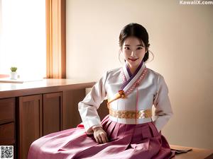 A woman in a pink and white hanbok is posing for a picture.