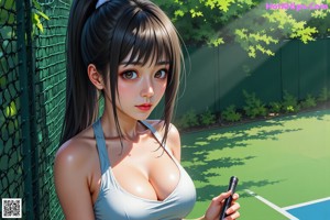 A woman in a white top and skirt holding a tennis racket.