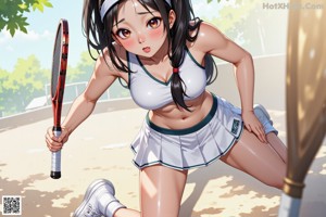 A woman in a white top and skirt holding a tennis racket.