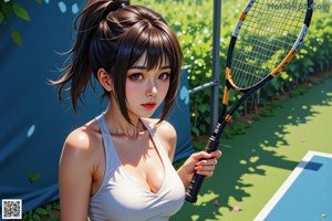 A woman in a white dress holding a tennis racket.