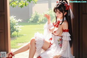 A woman in a red and white dress is posing for a picture.