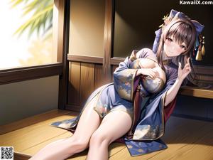 A woman in a kimono sitting on a bed in front of a television.