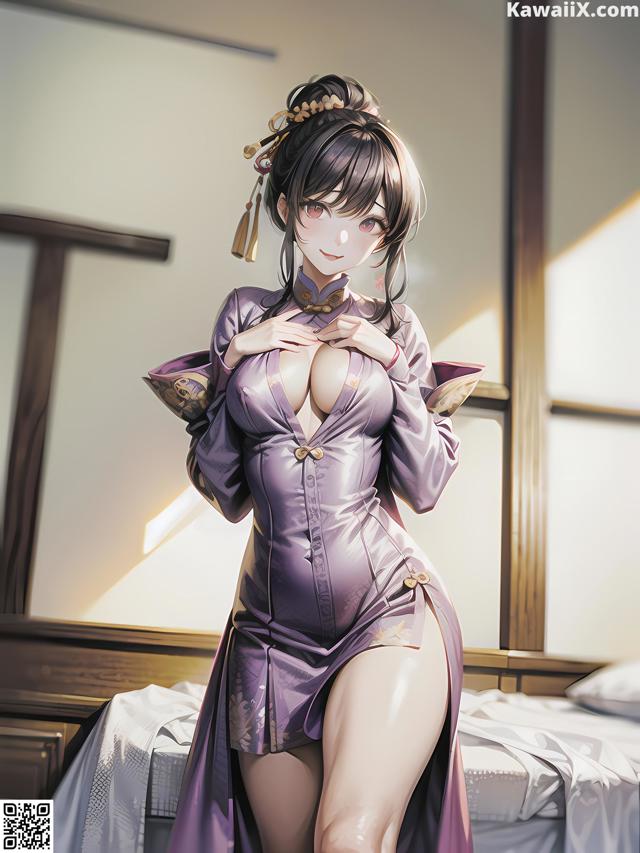 A woman in a purple kimono is posing on a bed.