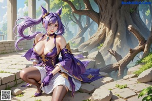 A woman in a purple and white dress with long purple hair.