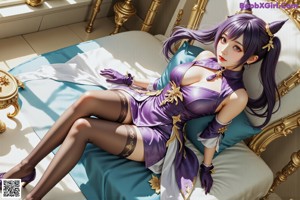 A woman in a purple dress sitting on a chair.