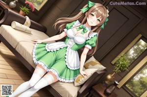 A woman in a green dress and white stockings posing for a picture.